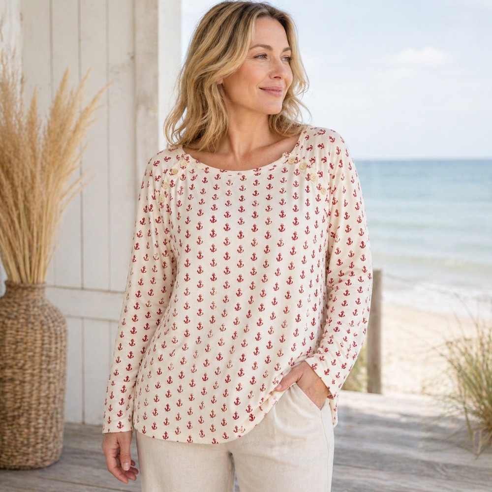 Kate Quinn Organic Cotton Top Sz XXL Cream Red Nautical Anchor Print Coastal